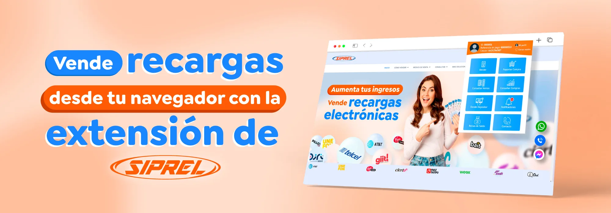 Vende recargas electrónicas de tiempo aire, cobro de pago de servicios y venta de tarjetas de regalo desde la extensión de Google Chrome. Extension SIPRELpara tu navegador chrome